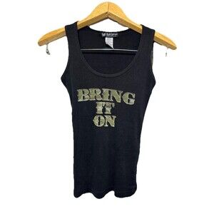 Y2K Self Esteem 'Bring It On' Tank Top S Black GUC Brat Baddie Camo Writing